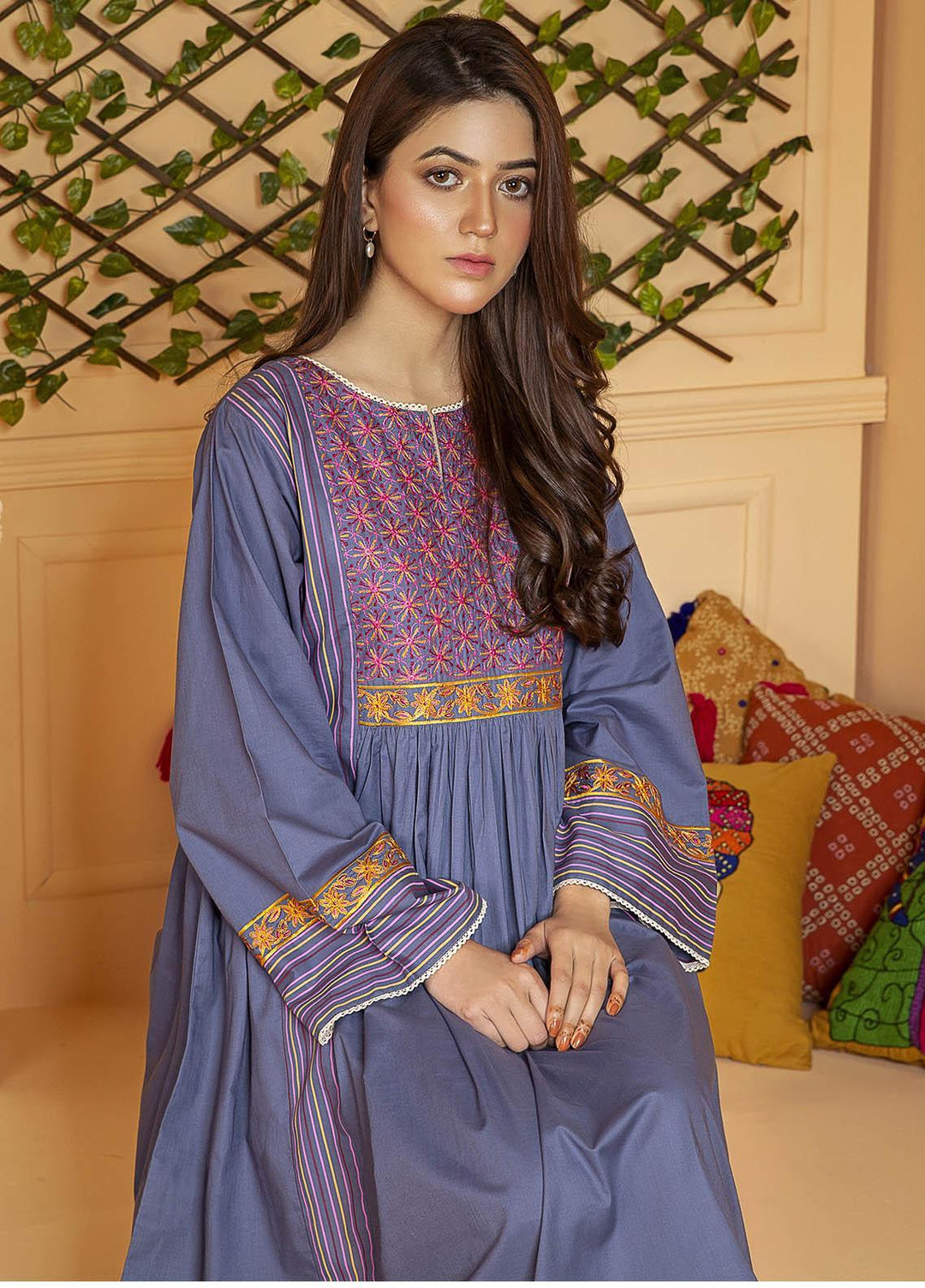 Kross Kulture Embroidered Cotton Stitched Kurtis KB-21113 Blue
