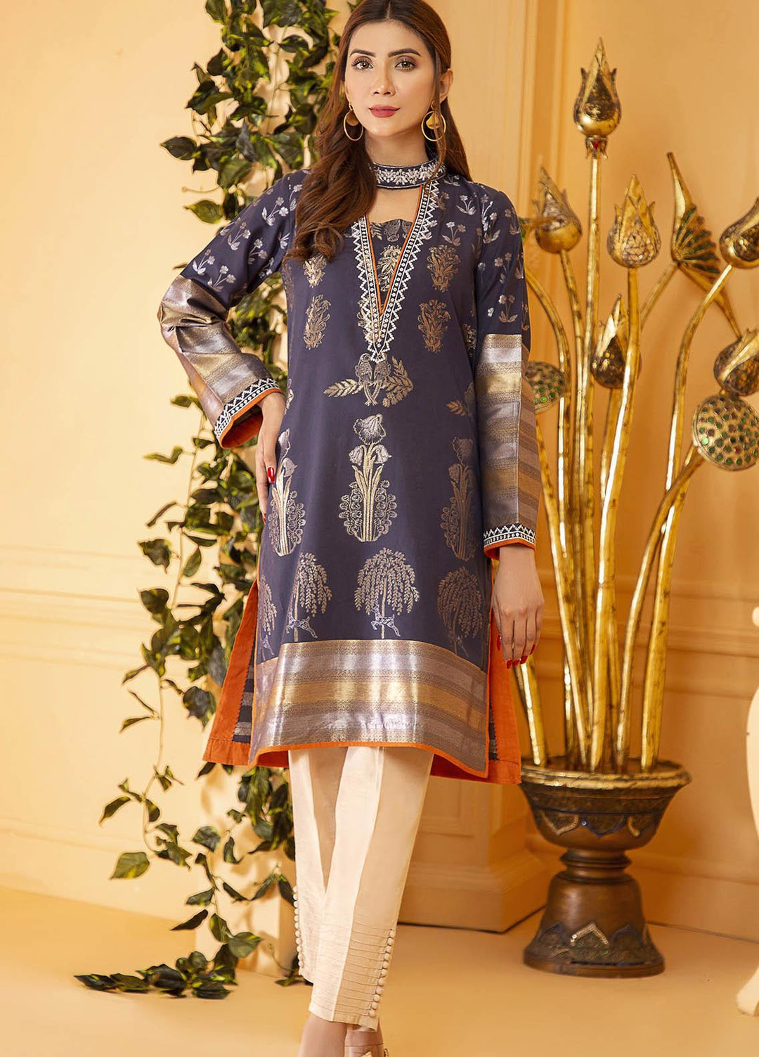 Kross Kulture Embroidered Jacquard Stitched Kurtis KE-21106 Navy