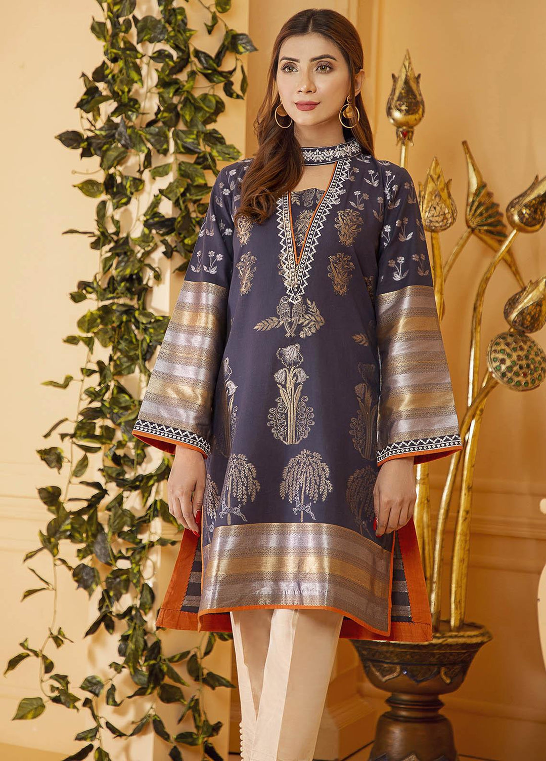 Kross Kulture Embroidered Jacquard Stitched Kurtis KE-21106 Navy