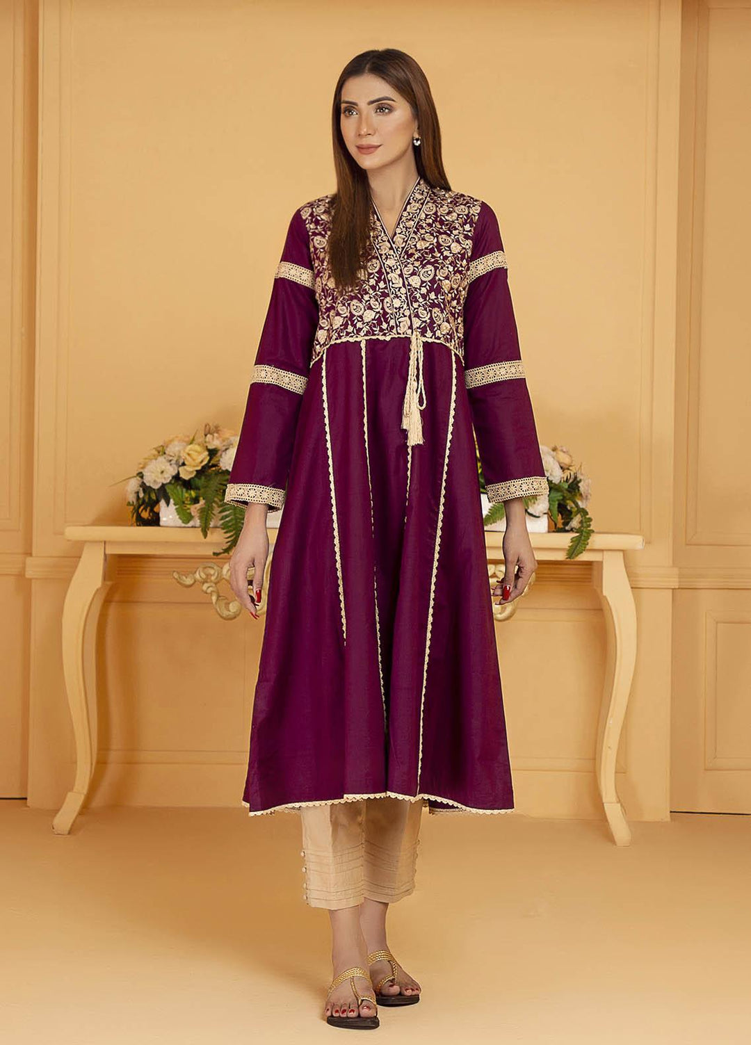 Kross Kulture Embroidered Cotton Stitched Kurtis KE-21127 Plum