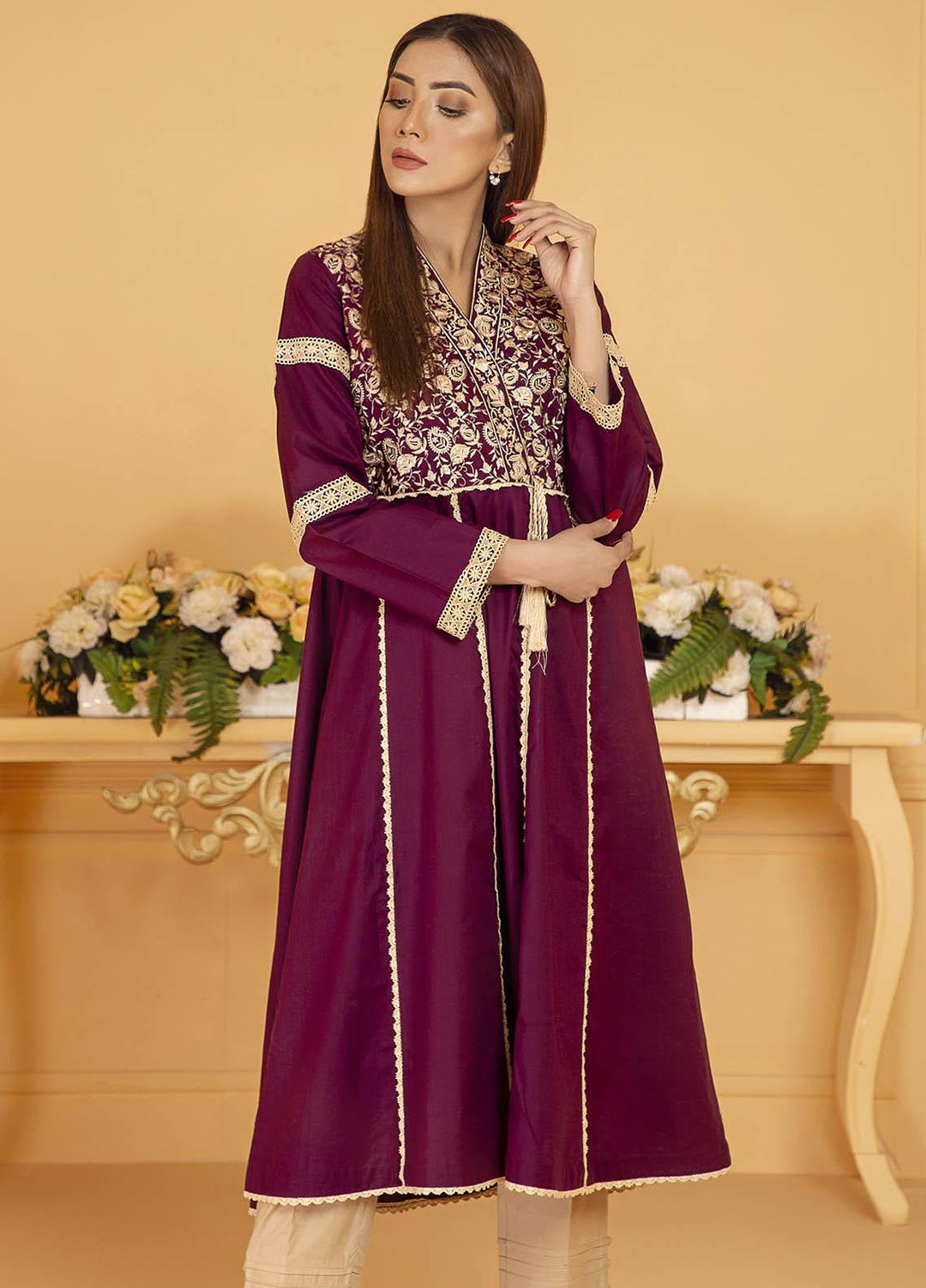 Kross Kulture Embroidered Cotton Stitched Kurtis KE-21127 Plum
