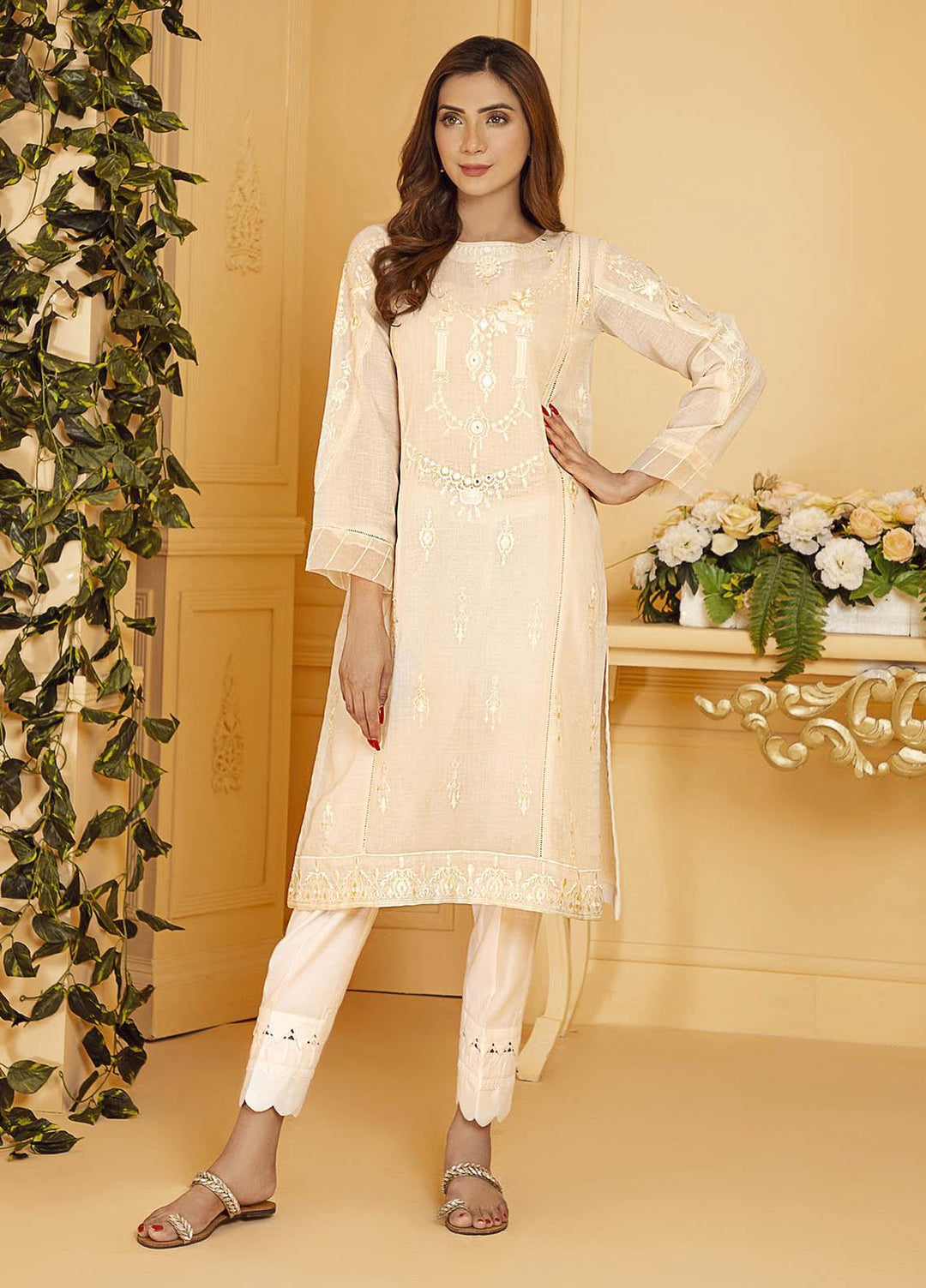 Kross Kulture Embroidered Cotton Stitched Kurtis KE-21156 Off White