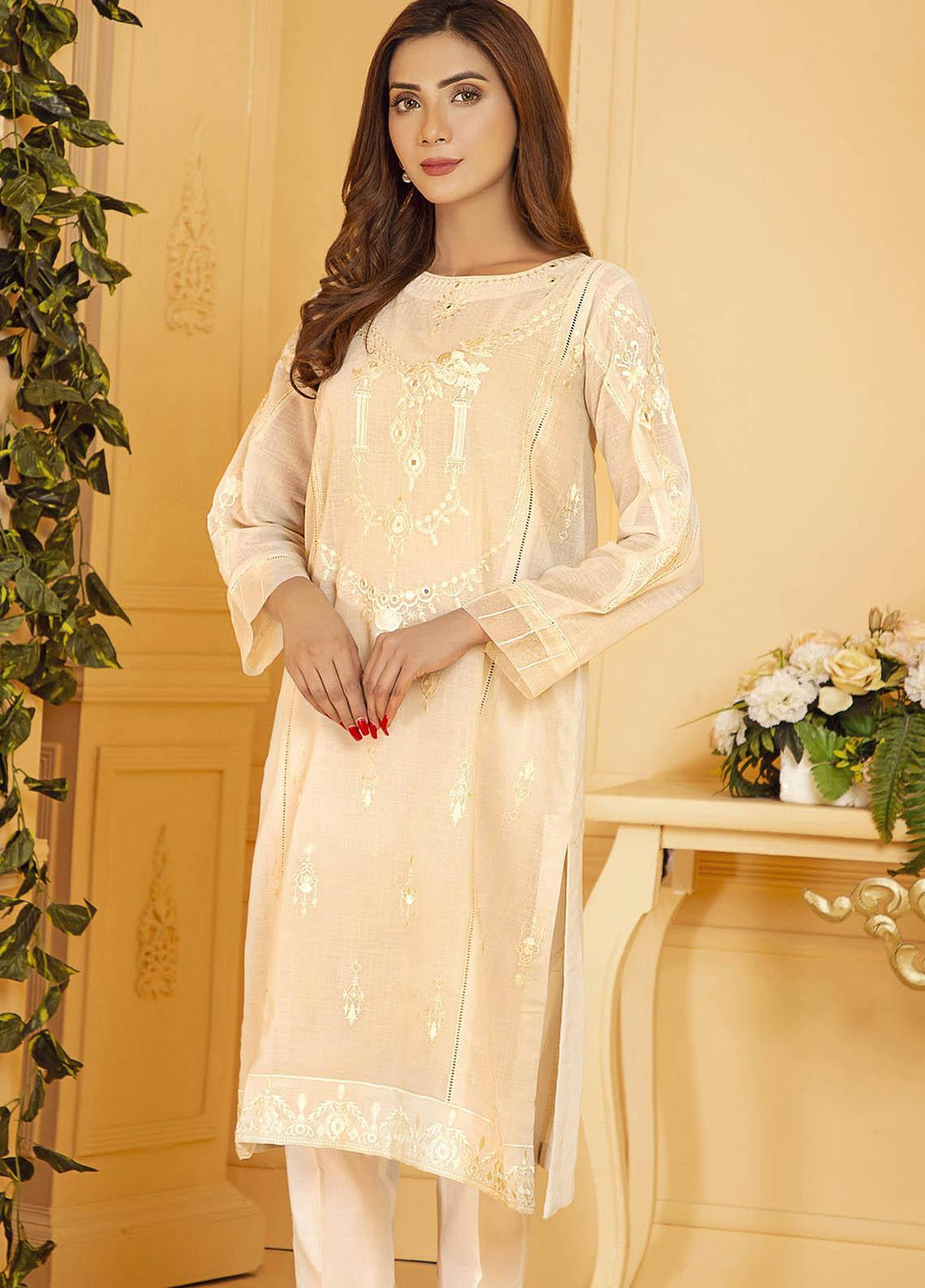Kross Kulture Embroidered Cotton Stitched Kurtis KE-21156 Off White