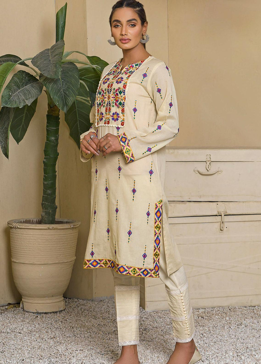 Kross Kulture Casual Pret Embroidered Lawn Shirt KE-21070 Beige