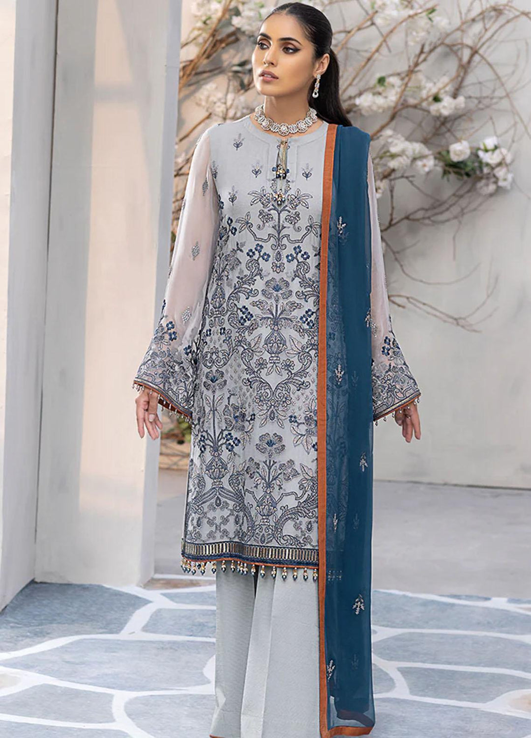 Kuch Khas By Flossie Embroidered Chiffon Suits Unstitched 3 Piece FS23KKLU K-1207 Auspiciously Oyster - Luxury Collection
