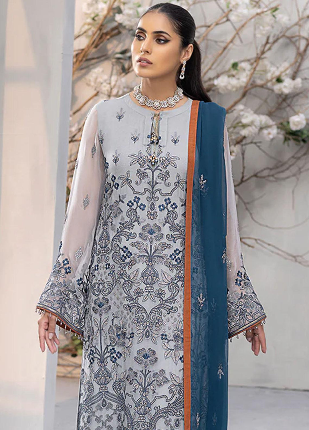 Kuch Khas By Flossie Embroidered Chiffon Suits Unstitched 3 Piece FS23KKLU K-1207 Auspiciously Oyster - Luxury Collection