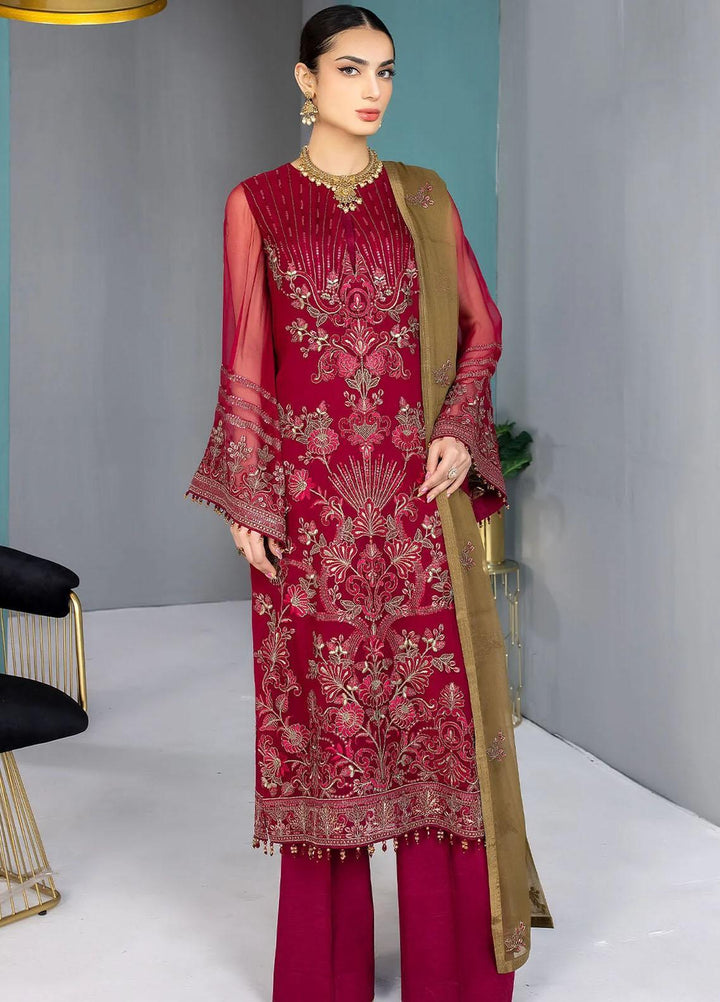 Kuch Khas By Flossie Embroidered Chiffon Suits Unstitched 3 Piece FS23KKLU K-1301 Red Rubin - Luxury Collection