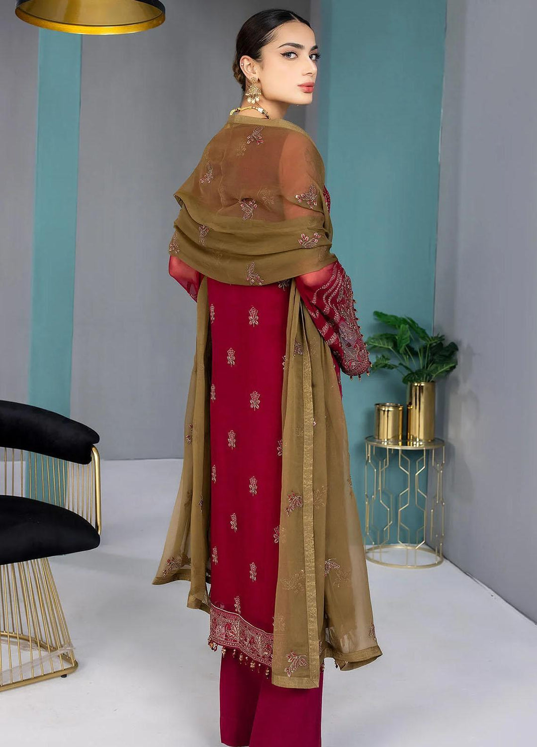 Kuch Khas By Flossie Embroidered Chiffon Suits Unstitched 3 Piece FS23KKLU K-1301 Red Rubin - Luxury Collection