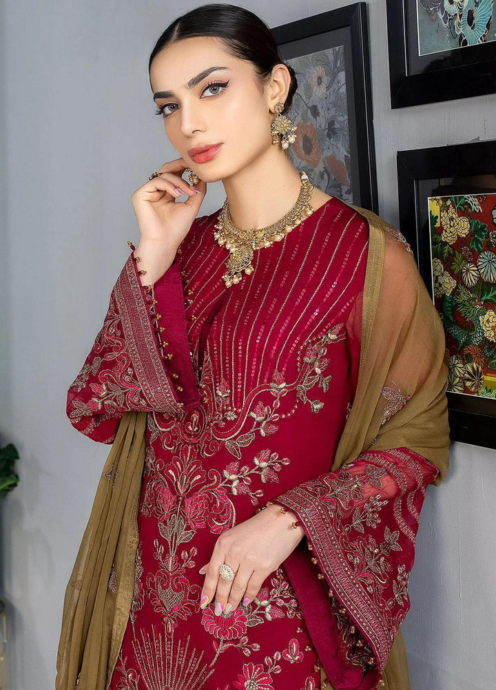 Kuch Khas By Flossie Embroidered Chiffon Suits Unstitched 3 Piece FS23KKLU K-1301 Red Rubin - Luxury Collection
