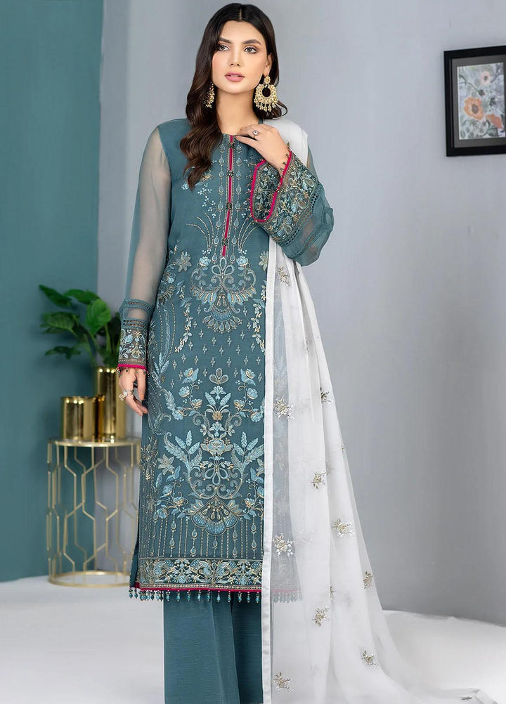 Kuch Khas By Flossie Embroidered Chiffon Suits Unstitched 3 Piece FS23KKLU K-1303 Aquamarine - Luxury Collection