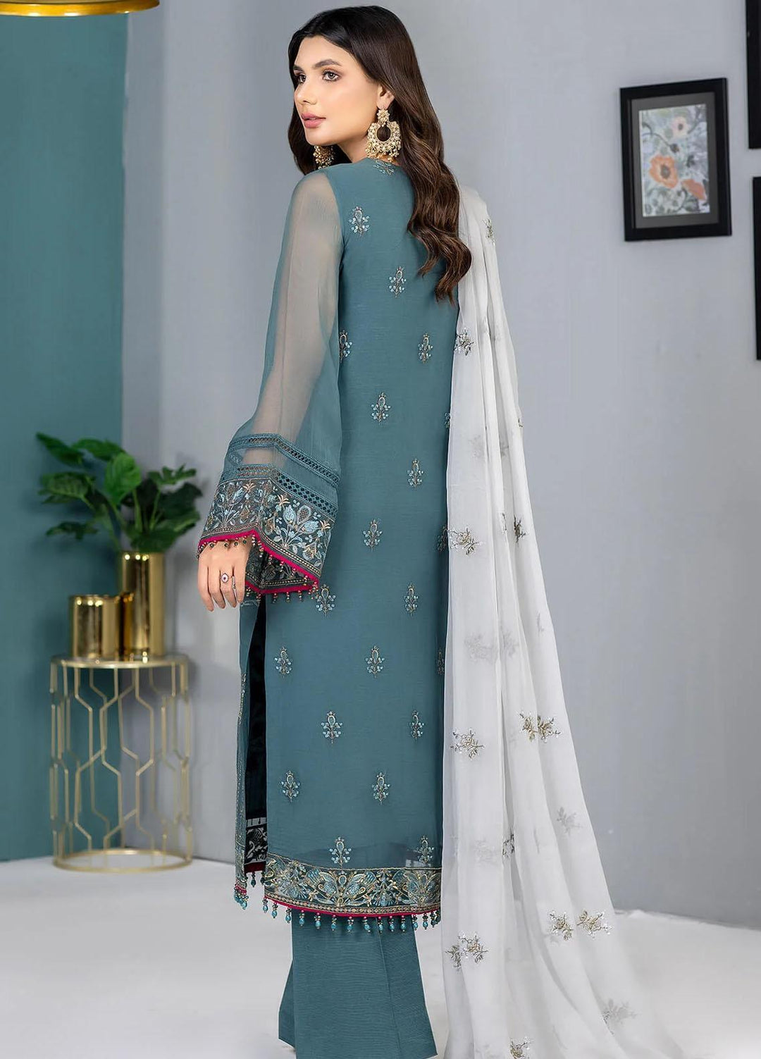 Kuch Khas By Flossie Embroidered Chiffon Suits Unstitched 3 Piece FS23KKLU K-1303 Aquamarine - Luxury Collection
