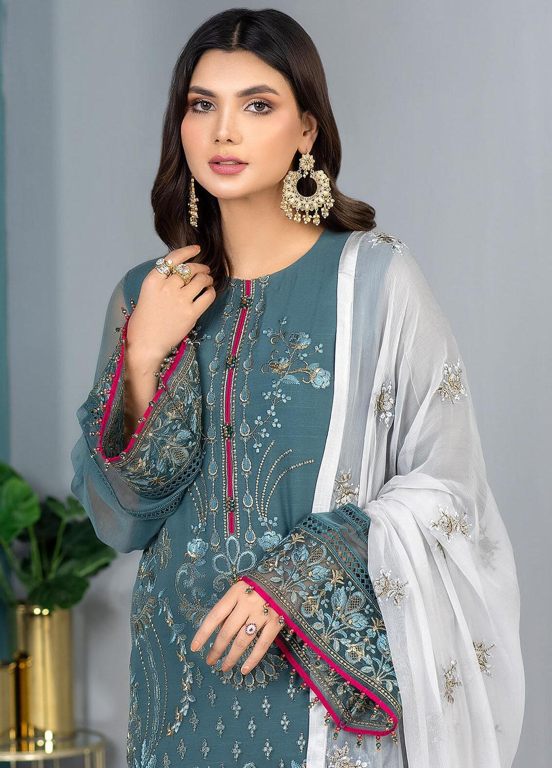 Kuch Khas By Flossie Embroidered Chiffon Suits Unstitched 3 Piece FS23KKLU K-1303 Aquamarine - Luxury Collection