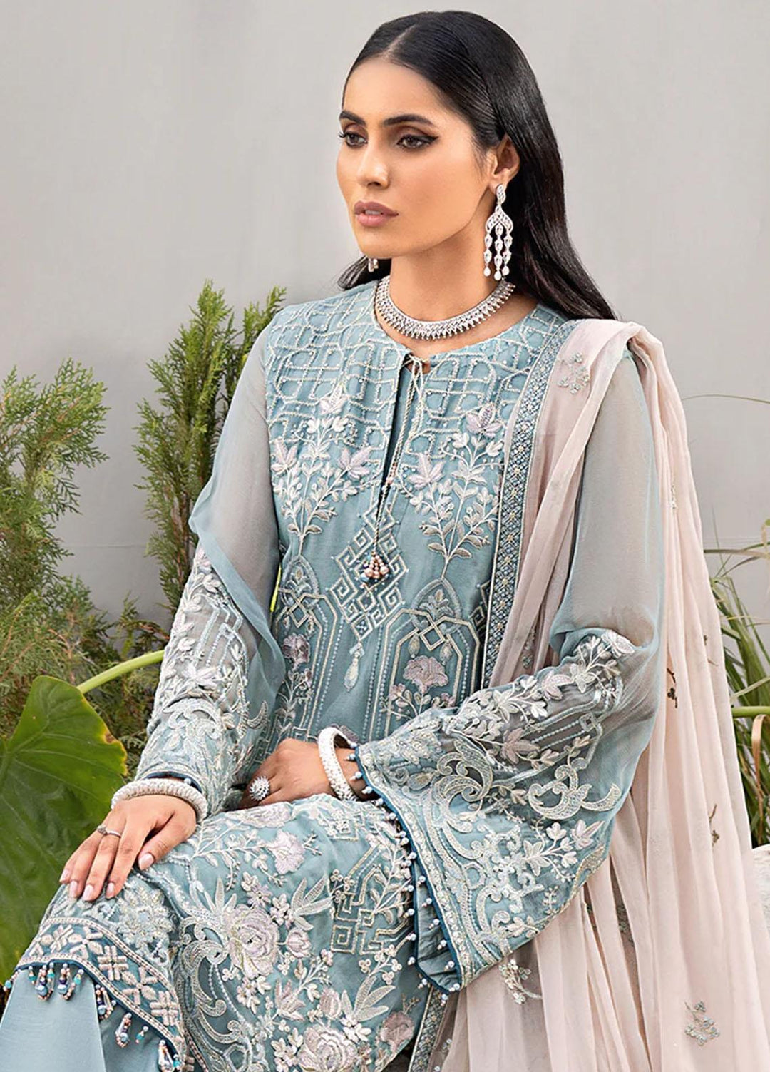 Kuch Khas By Flossie Embroidered Chiffon Suits Unstitched 3 Piece FS23KKLU K-1203 Mystic Aqua - Luxury Collection