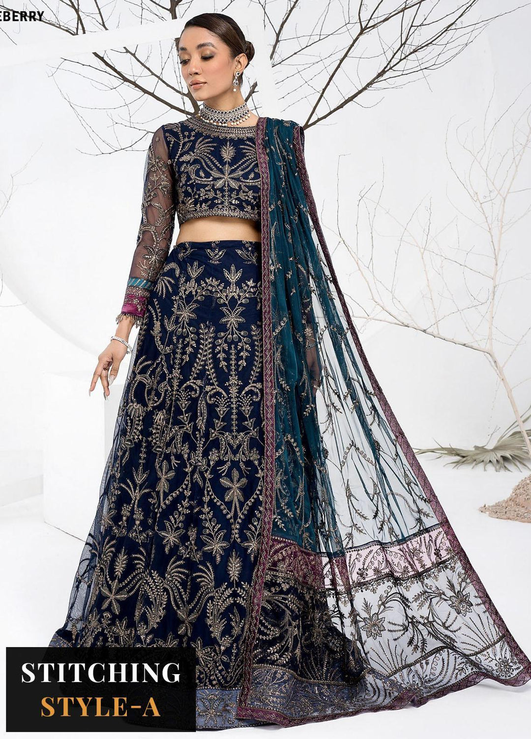 La Celeste By Zarif Embroidered Net Suits Unstitched 3 Piece ZR25UF ZLC 01 Blue Berry - Luxury Formal Collection