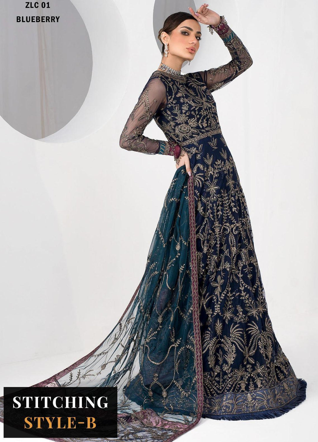 La Celeste By Zarif Embroidered Net Suits Unstitched 3 Piece ZR25UF ZLC 01 Blue Berry - Luxury Formal Collection