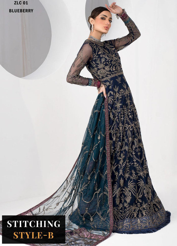 La Celeste By Zarif Embroidered Net Suits Unstitched 3 Piece ZR25UF ZLC 01 Blue Berry - Luxury Formal Collection