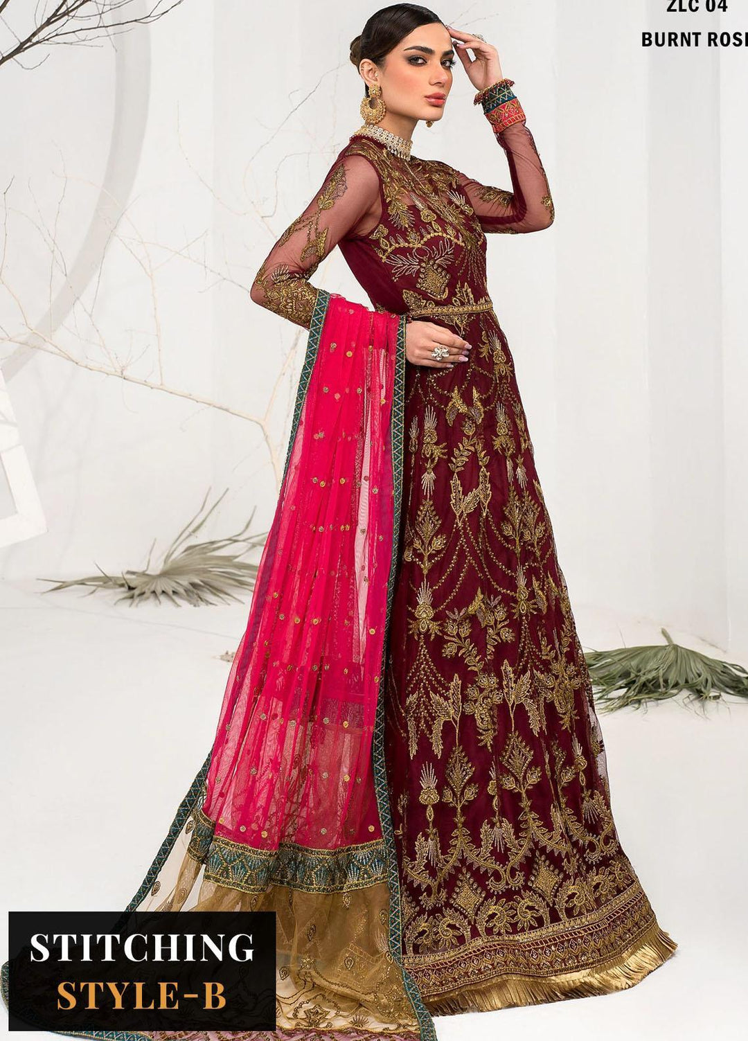 La Celeste By Zarif Embroidered Net Suits Unstitched 3 Piece ZF23LC ZLC 04 Burnt Rose - Luxury Formal Collection