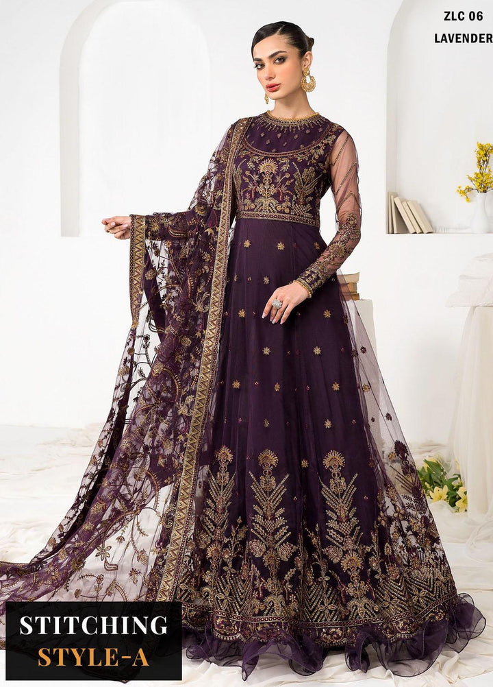 La Celeste By Zarif Embroidered Net Suits Unstitched 3 Piece ZF23LC ZLC 06 Lavender - Luxury Formal Collection