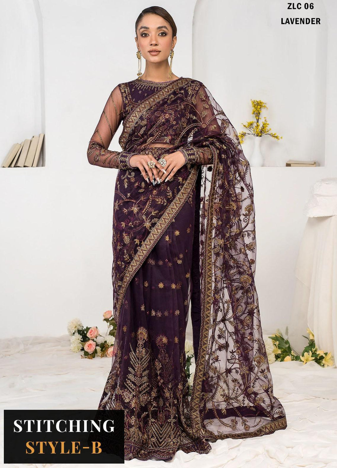 La Celeste By Zarif Embroidered Net Suits Unstitched 3 Piece ZF23LC ZLC 06 Lavender - Luxury Formal Collection