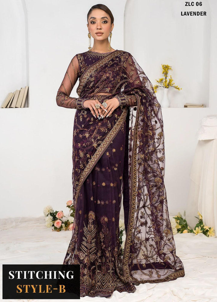 La Celeste By Zarif Embroidered Net Suits Unstitched 3 Piece ZF23LC ZLC 06 Lavender - Luxury Formal Collection