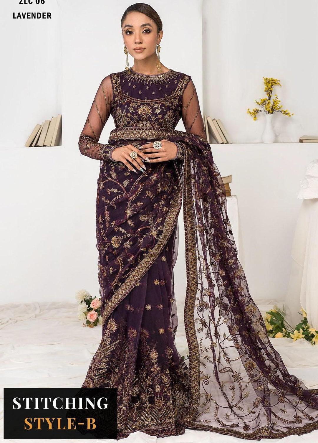 La Celeste By Zarif Embroidered Net Suits Unstitched 3 Piece ZF23LC ZLC 06 Lavender - Luxury Formal Collection