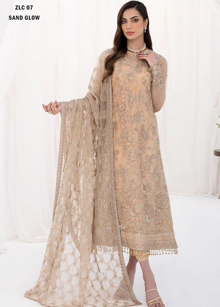 La Celeste By Zarif Embroidered Net Suits Unstitched 3 Piece ZF23LC ZLC 07 Sand Glow - Luxury Formal Collection