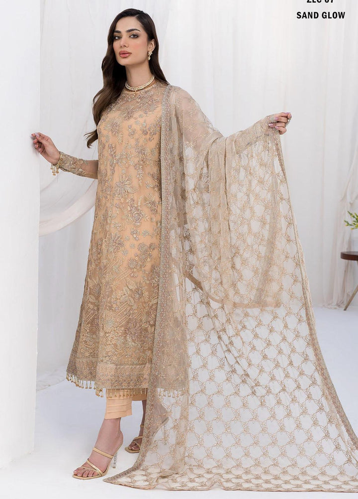 La Celeste By Zarif Embroidered Net Suits Unstitched 3 Piece ZF23LC ZLC 07 Sand Glow - Luxury Formal Collection