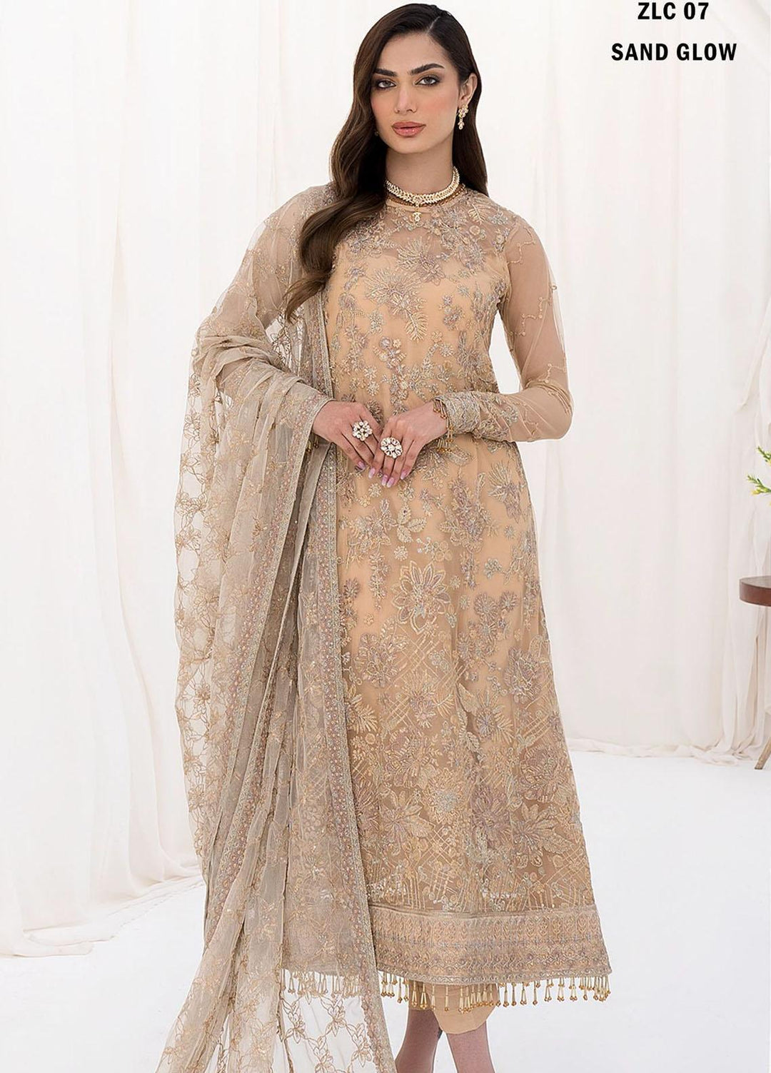La Celeste By Zarif Embroidered Net Suits Unstitched 3 Piece ZF23LC ZLC 07 Sand Glow - Luxury Formal Collection