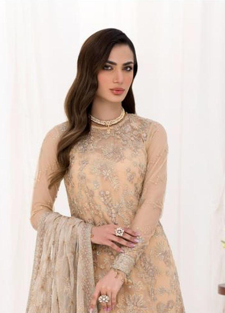 La Celeste By Zarif Embroidered Net Suits Unstitched 3 Piece ZF23LC ZLC 07 Sand Glow - Luxury Formal Collection
