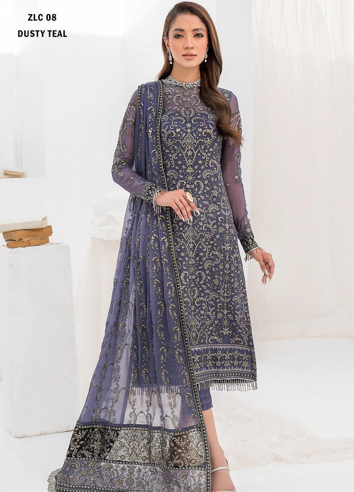 La Celeste By Zarif Embroidered Chiffon Suits Unstitched 3 Piece ZF23LC ZLC 08 Dusty Teal - Luxury Formal Collection