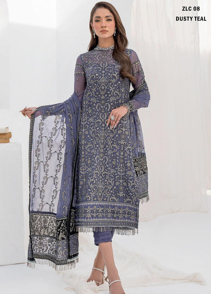La Celeste By Zarif Embroidered Chiffon Suits Unstitched 3 Piece ZF23LC ZLC 08 Dusty Teal - Luxury Formal Collection