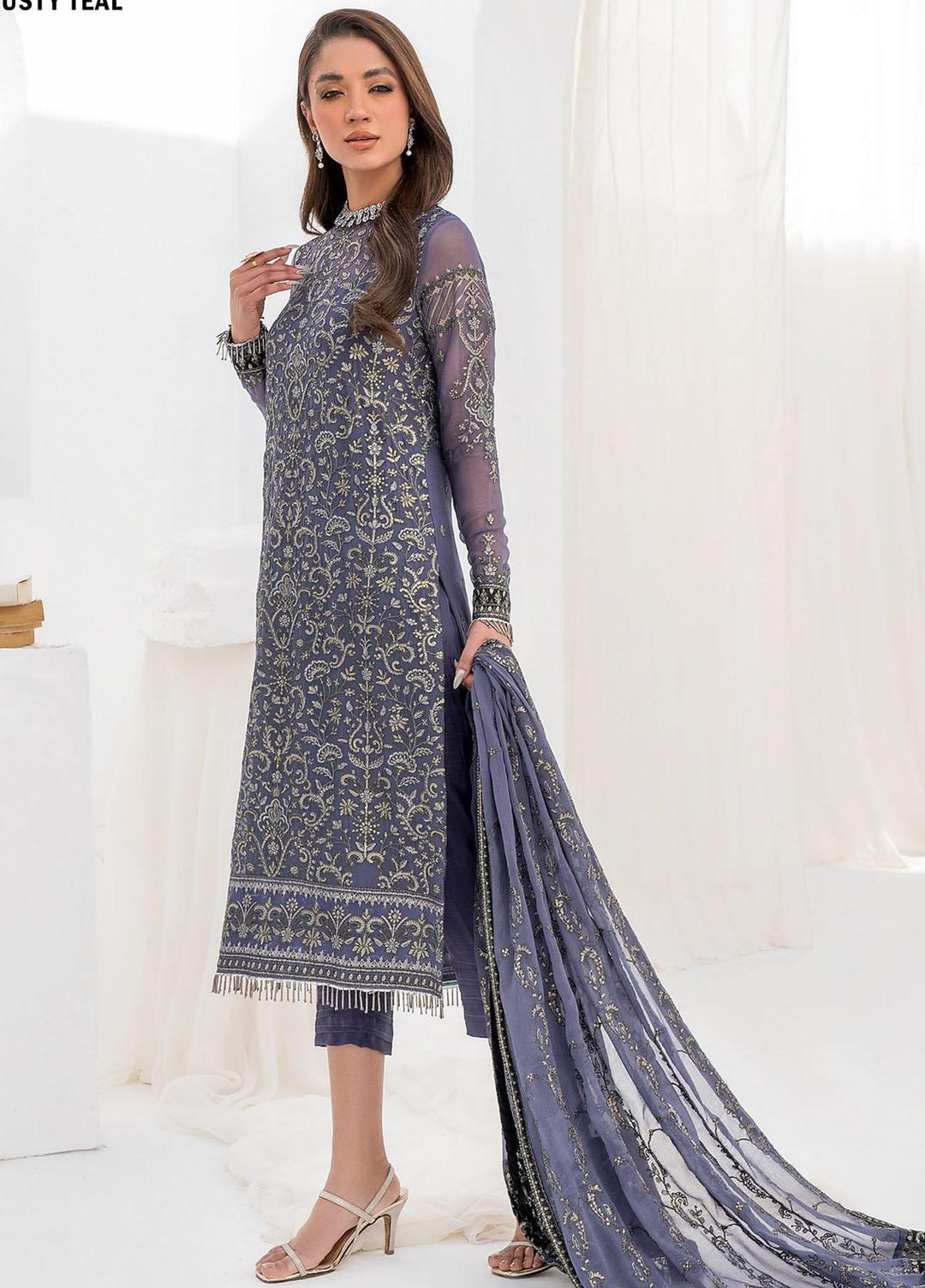 La Celeste By Zarif Embroidered Chiffon Suits Unstitched 3 Piece ZF23LC ZLC 08 Dusty Teal - Luxury Formal Collection