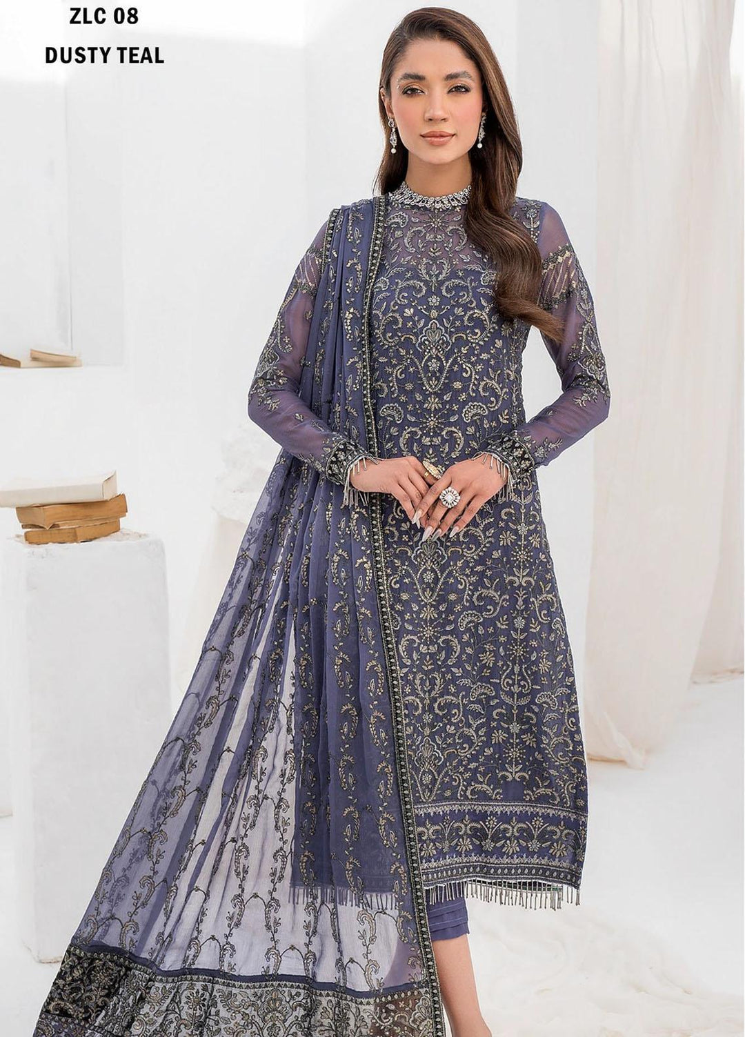 La Celeste By Zarif Embroidered Chiffon Suits Unstitched 3 Piece ZF23LC ZLC 08 Dusty Teal - Luxury Formal Collection