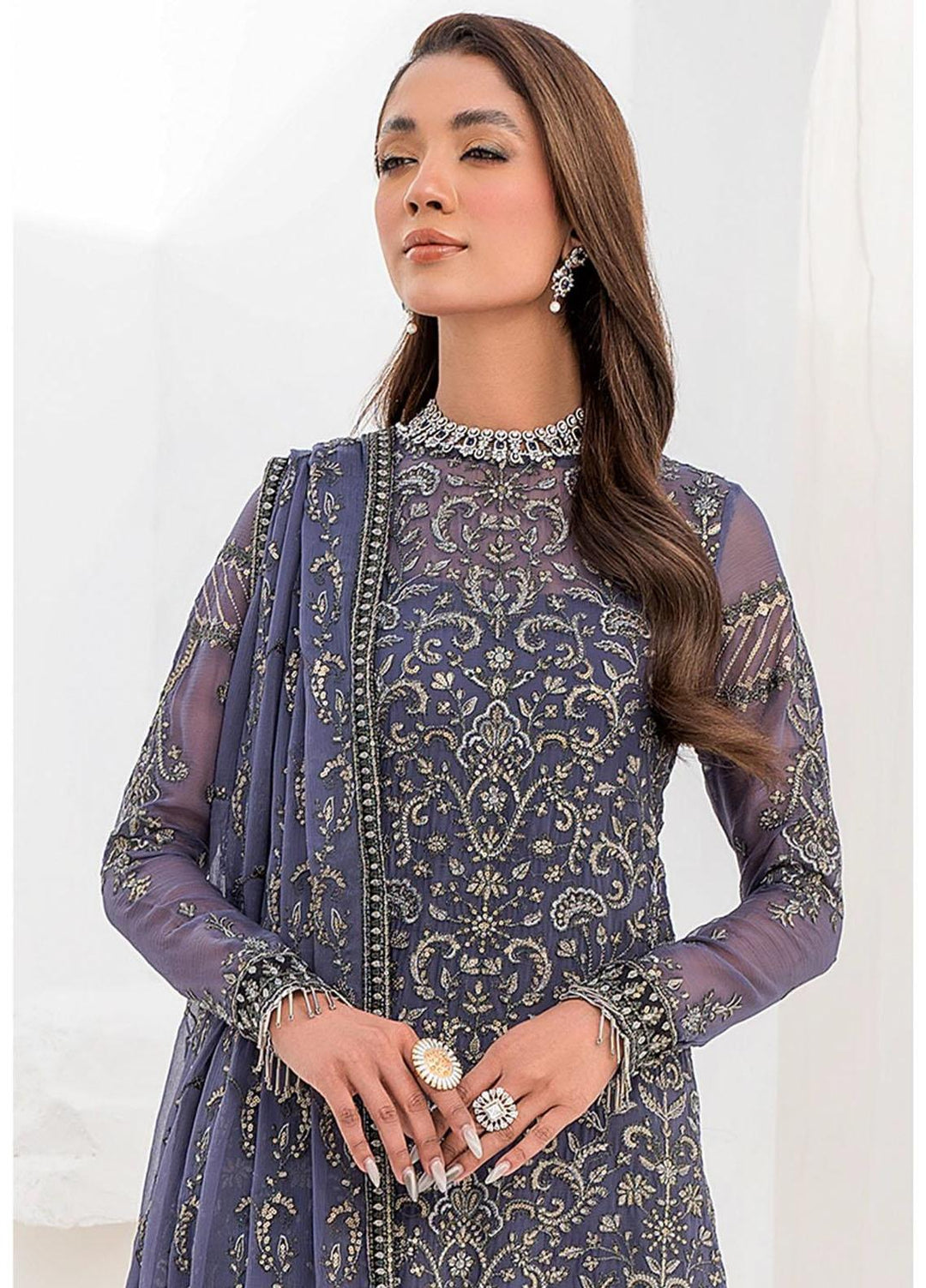 La Celeste By Zarif Embroidered Chiffon Suits Unstitched 3 Piece ZF23LC ZLC 08 Dusty Teal - Luxury Formal Collection