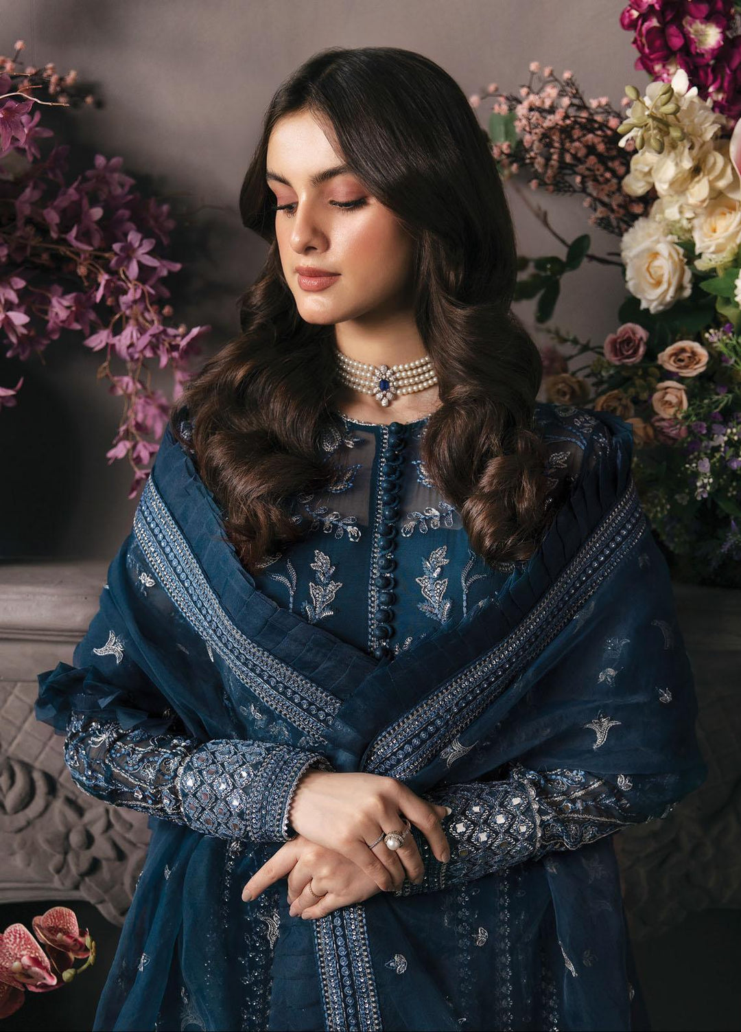 La Fuchsia By Afrozeh Embroidered Chiffon Suits Unstitched 3 Piece AF23LFS ALF-23-V1-02 Yale - Luxury Formal Collection