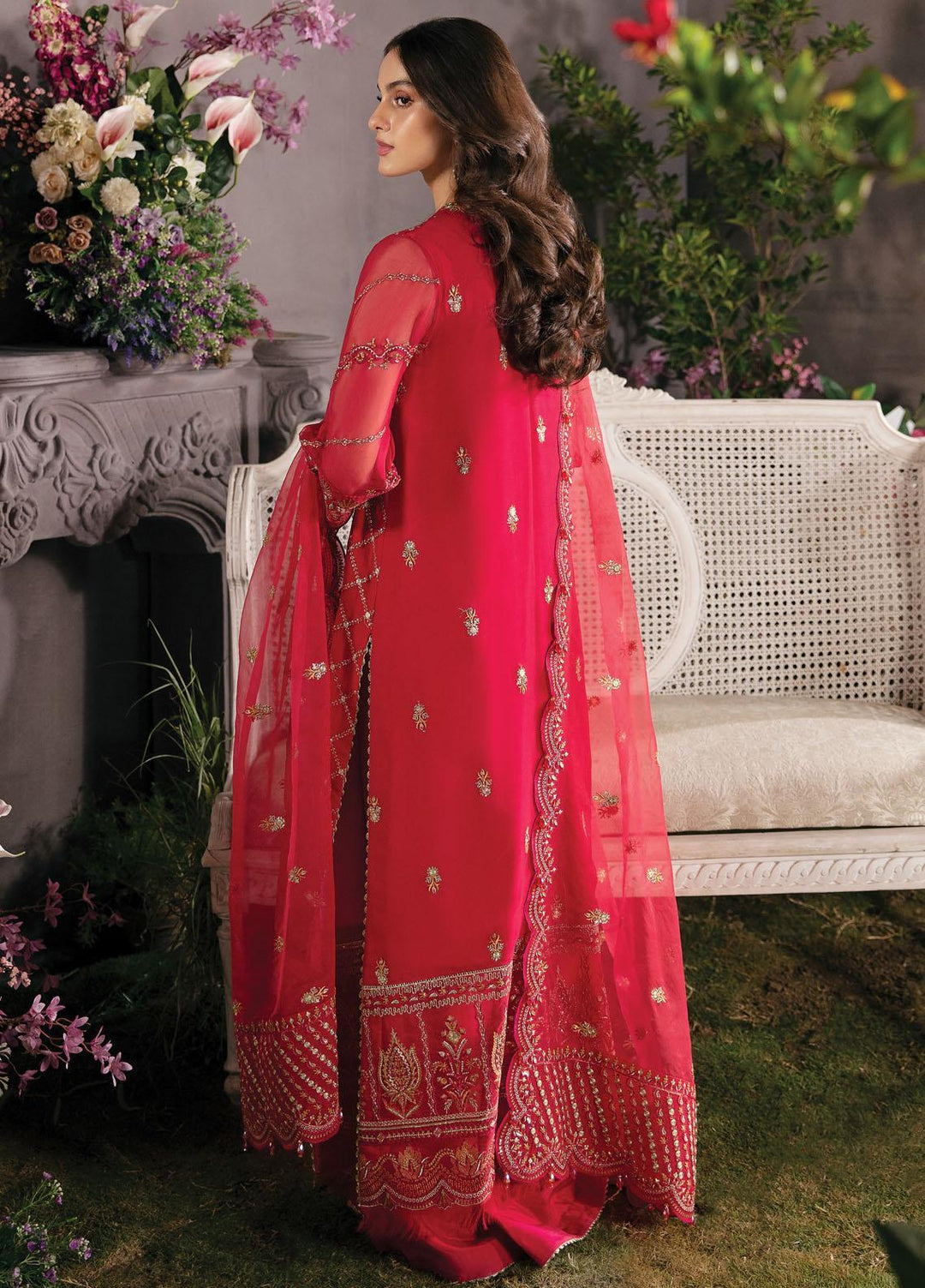 La Fuchsia By Afrozeh Embroidered Chiffon Suits Unstitched 3 Piece AF23LFS ALF-23-V1-04 Carmine - Luxury Formal Collection