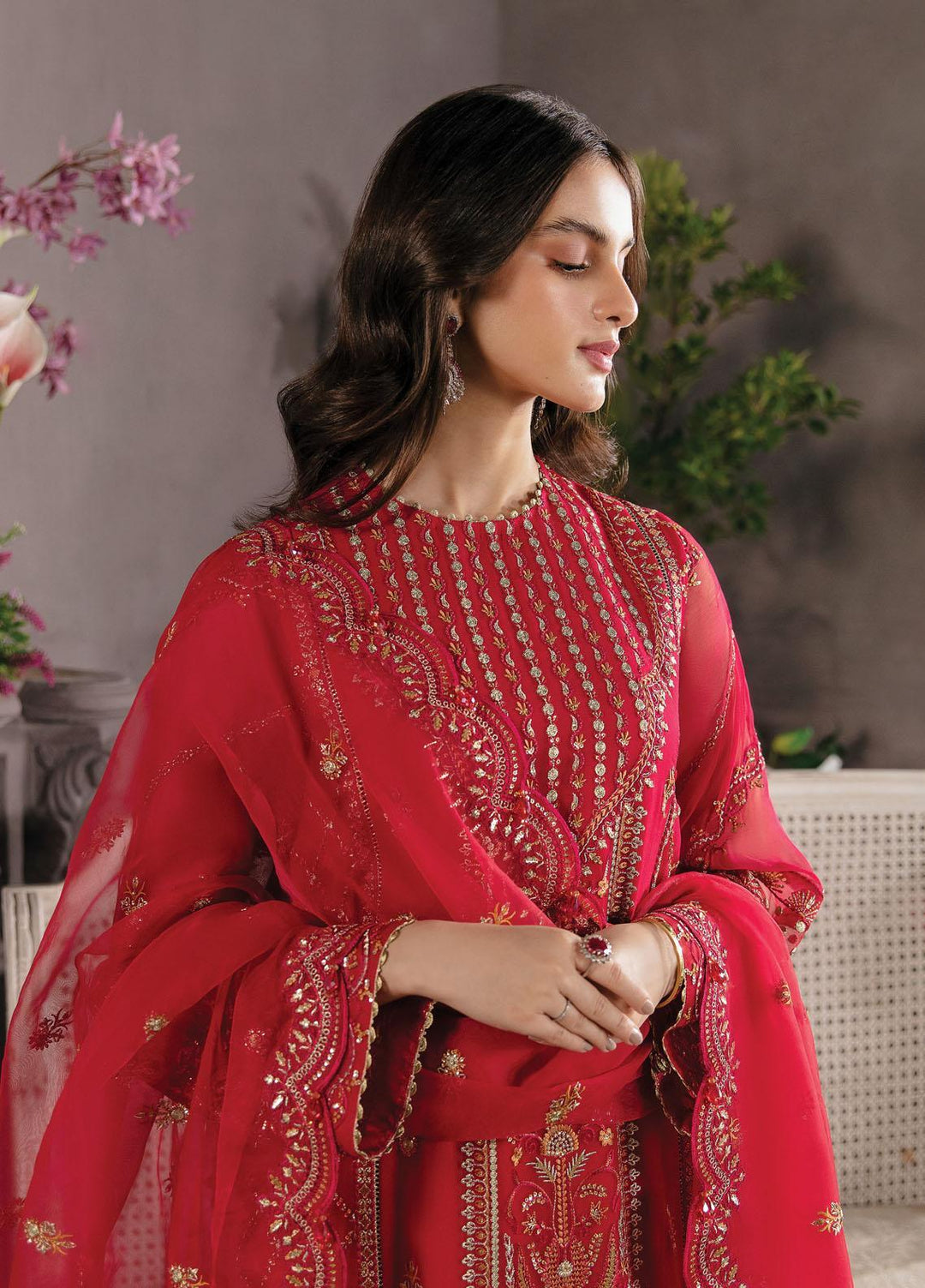 La Fuchsia By Afrozeh Embroidered Chiffon Suits Unstitched 3 Piece AF23LFS ALF-23-V1-04 Carmine - Luxury Formal Collection