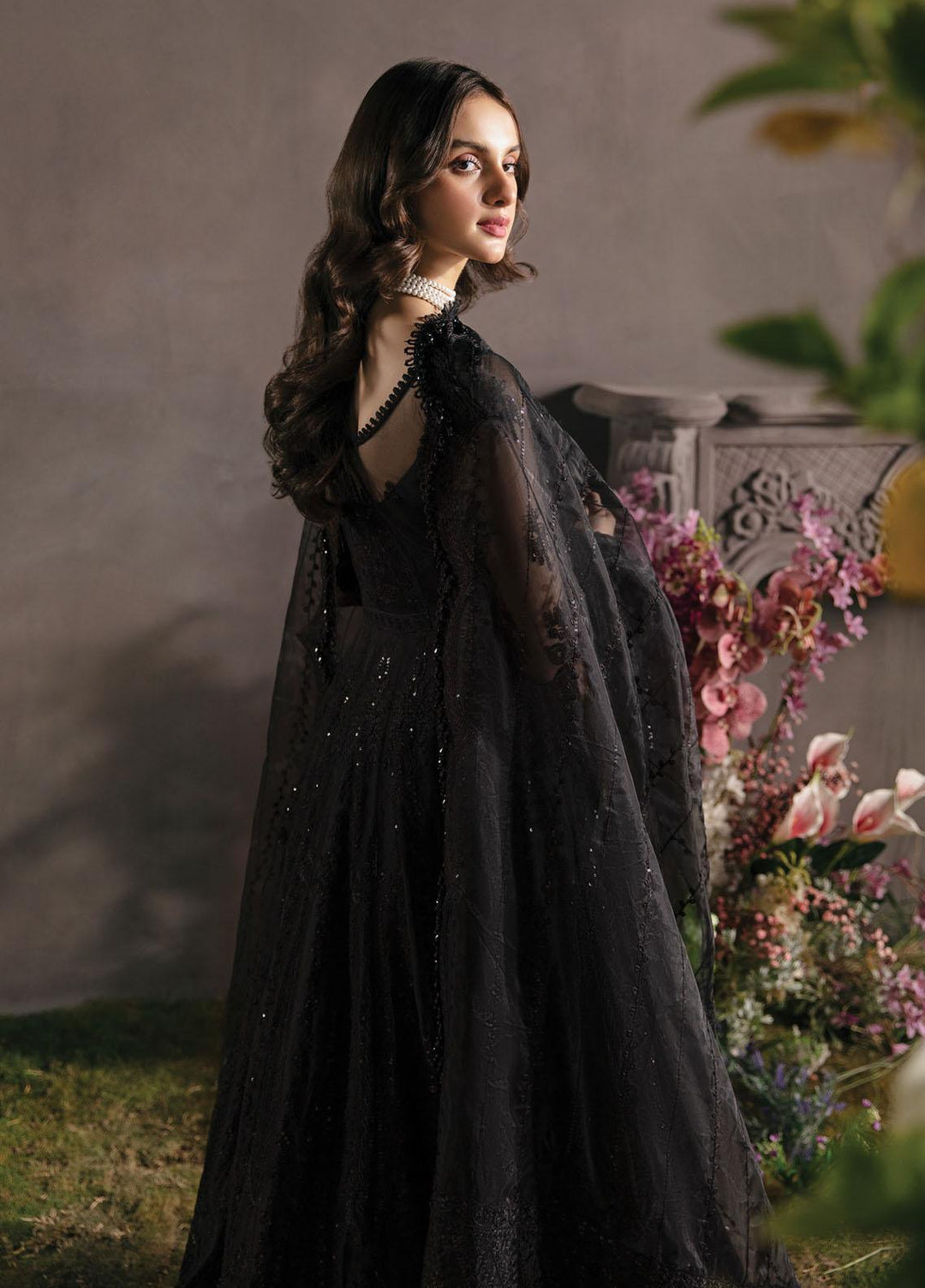 La Fuchsia By Afrozeh Embroidered Net Suits Unstitched 3 Piece AF23LFS ALF-23-V1-05 Ebony - Luxury Formal Collection