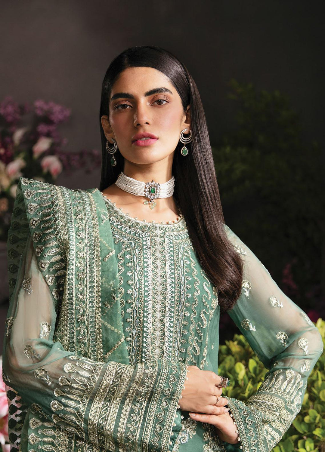 La Fuchsia By Afrozeh Embroidered Chiffon Suits Unstitched 3 Piece AF23LFS ALF-23-V1-08 Sea-Mist - Luxury Formal Collection