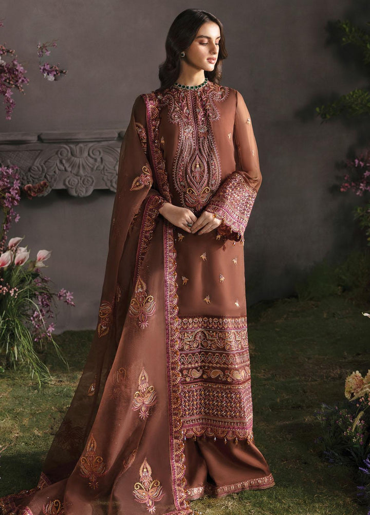 La Fuchsia By Afrozeh Embroidered Chiffon Suits Unstitched 3 Piece AF23LFS ALF-23-V1-10 Mahogany - Luxury Formal Collection