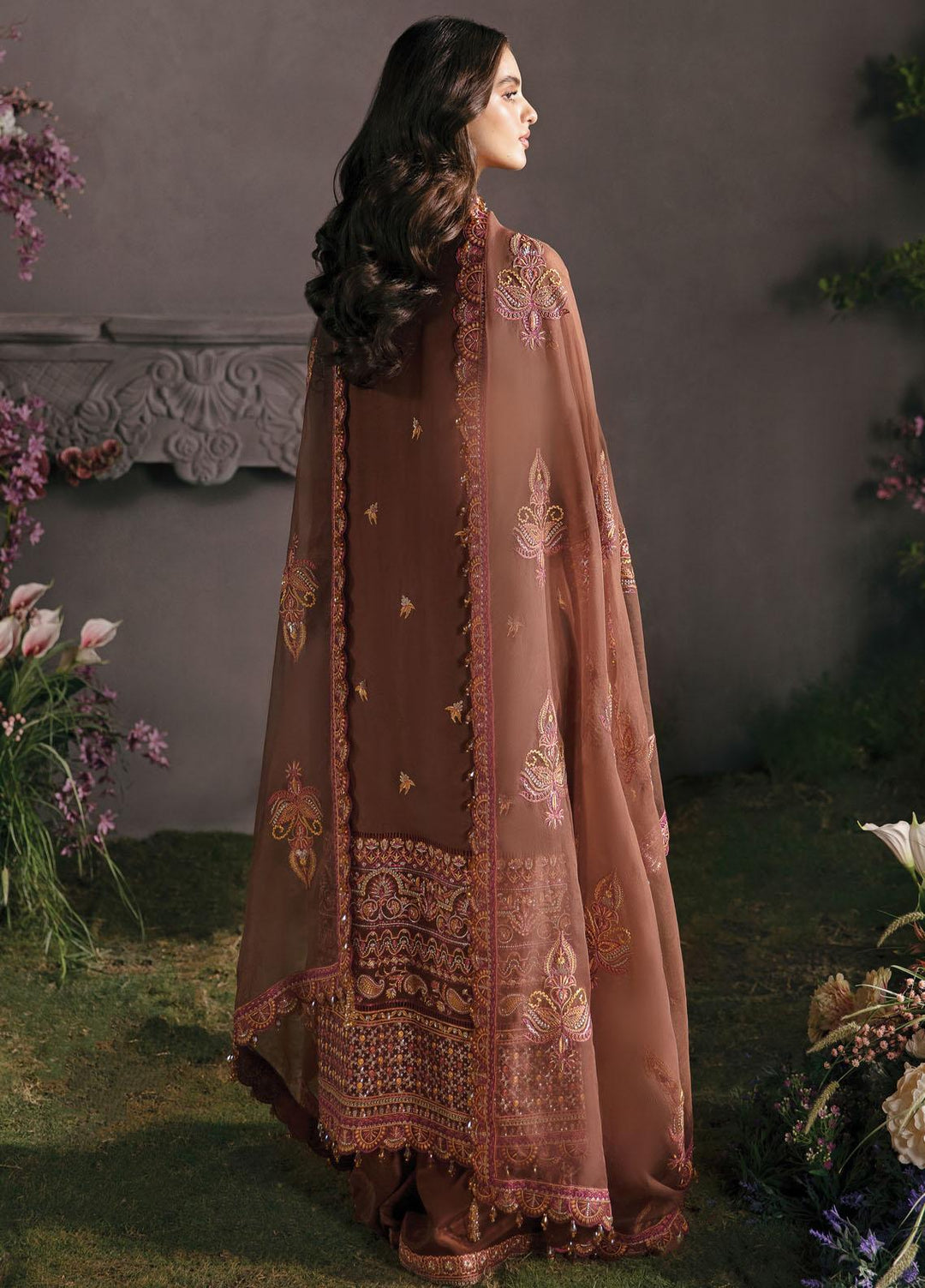 La Fuchsia By Afrozeh Embroidered Chiffon Suits Unstitched 3 Piece AF23LFS ALF-23-V1-10 Mahogany - Luxury Formal Collection