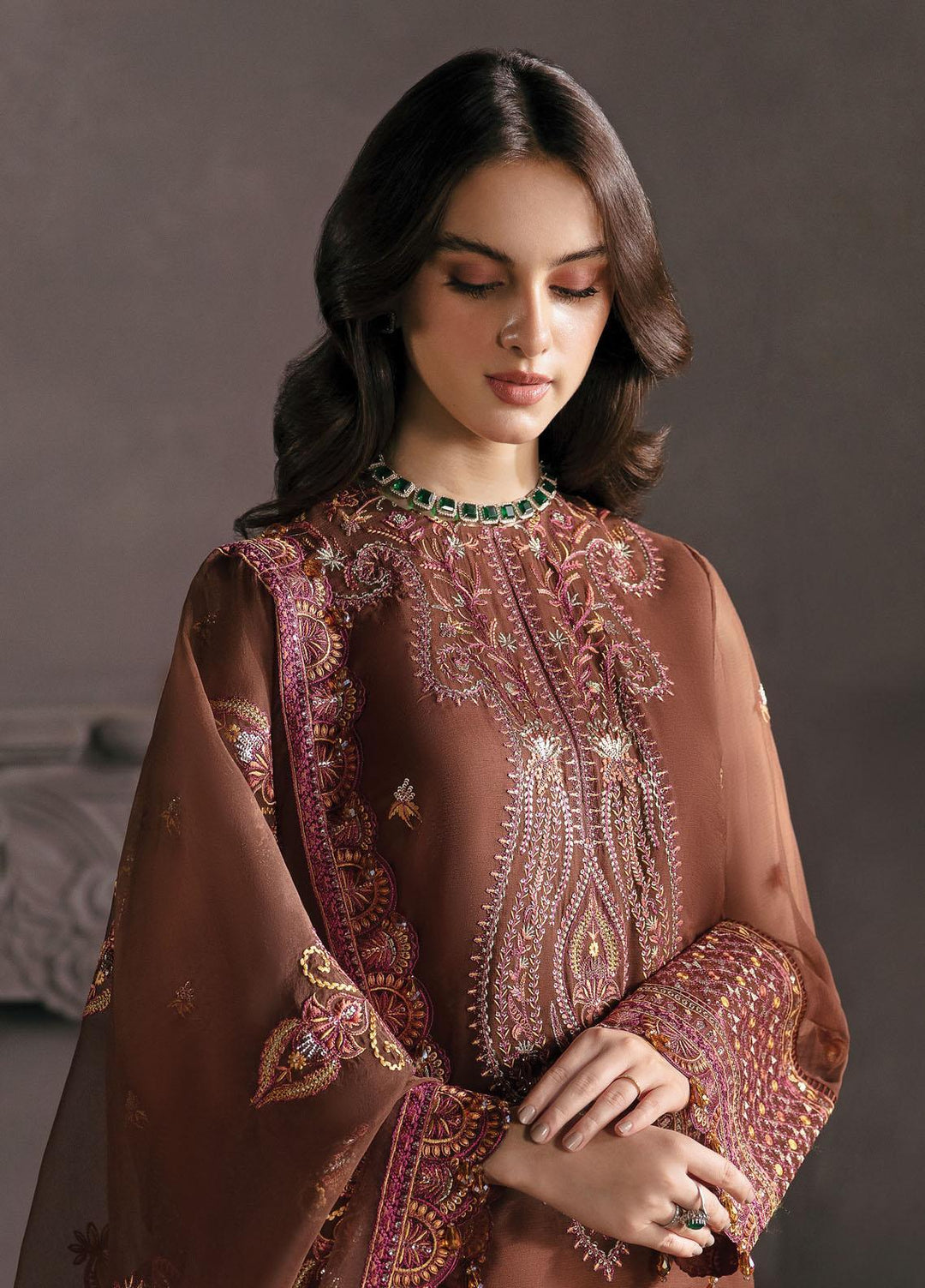 La Fuchsia By Afrozeh Embroidered Chiffon Suits Unstitched 3 Piece AF23LFS ALF-23-V1-10 Mahogany - Luxury Formal Collection