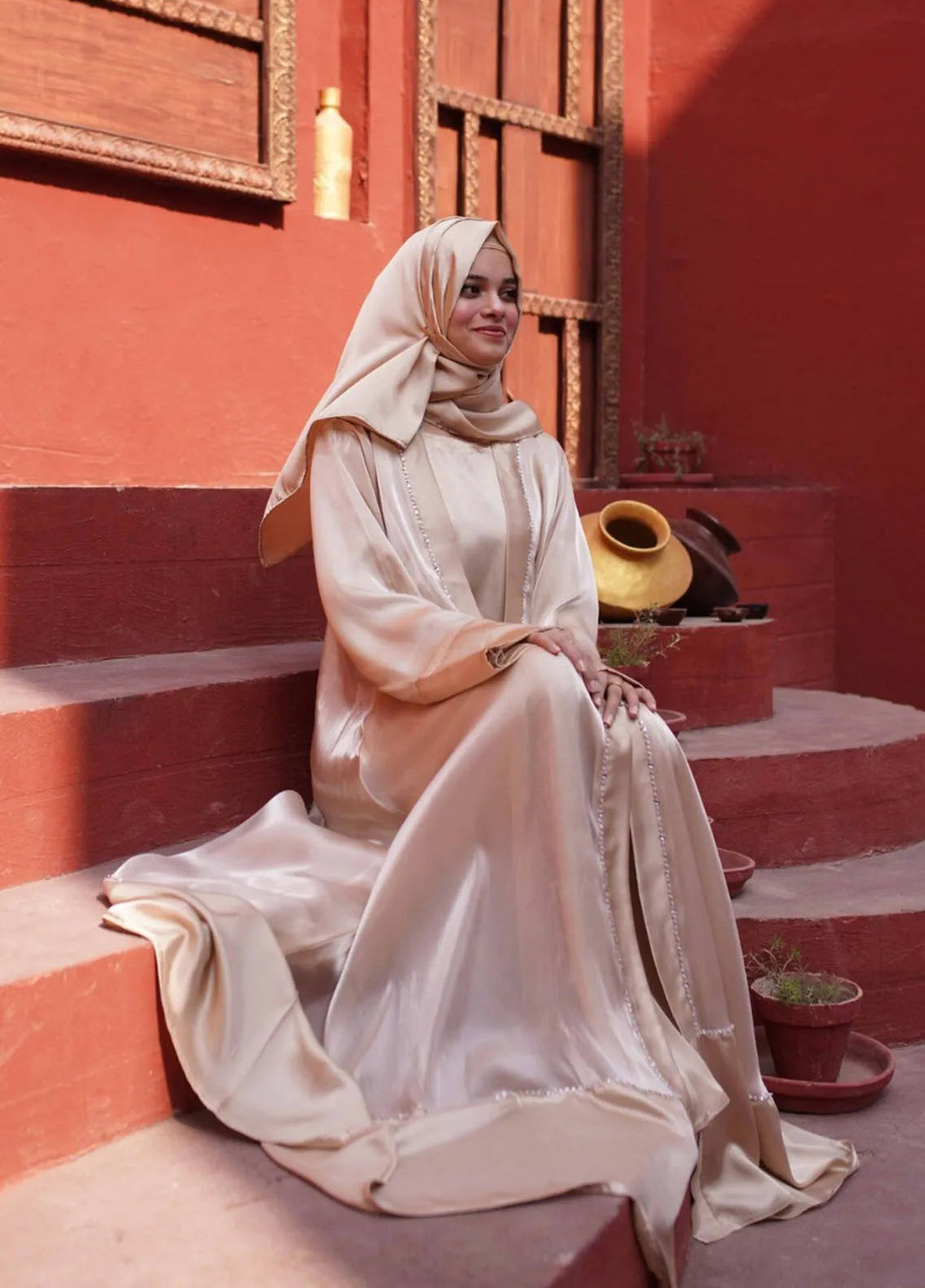 La Khilaba Pret Embellished Lava Organza Abaya Gold Luxe