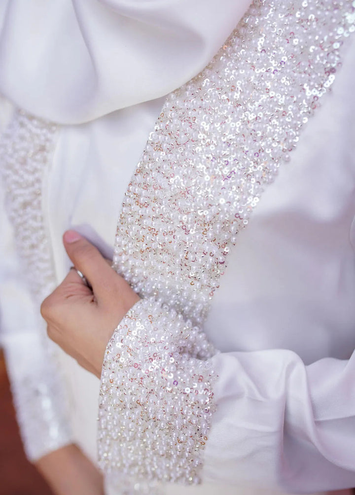 La Khilaba Pret Embellished Silk Abaya Dove Embellished