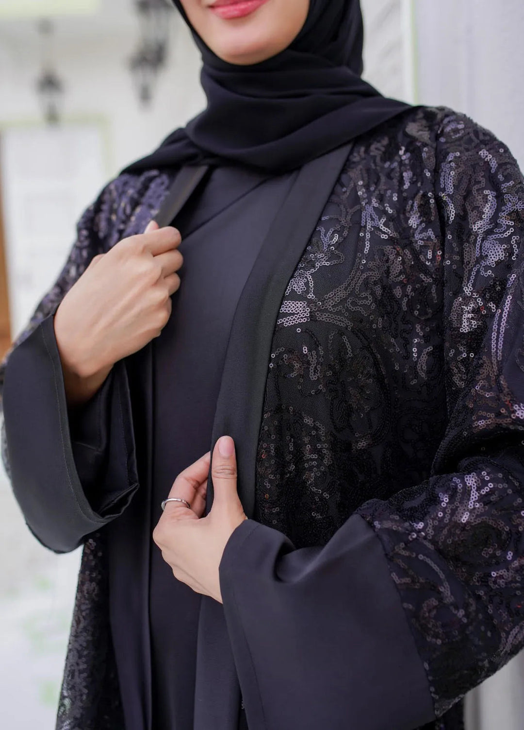 La Khilaba Pret Embroidered Net Abaya Black Sequin