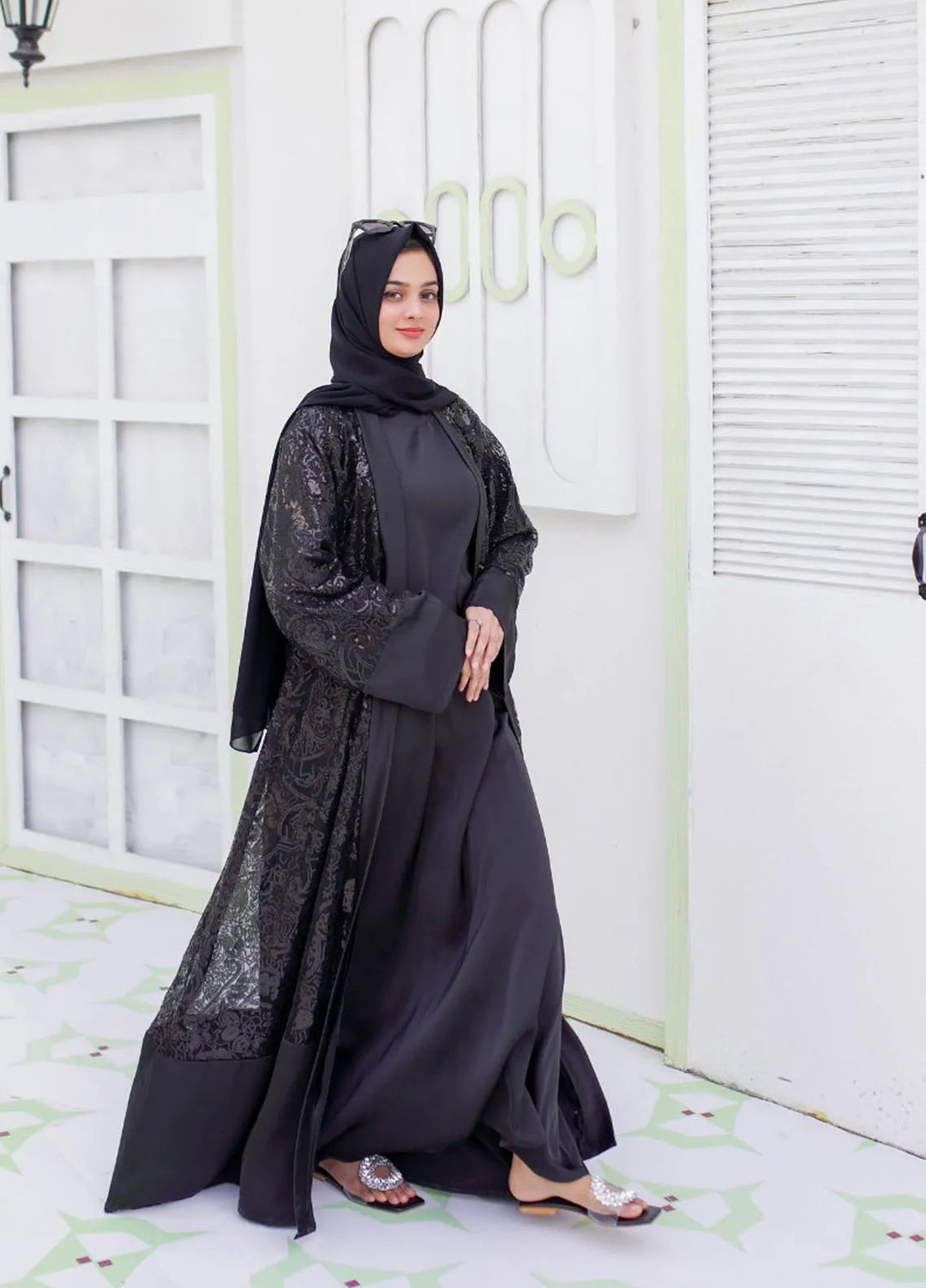 La Khilaba Pret Embroidered Net Abaya Black Sequin