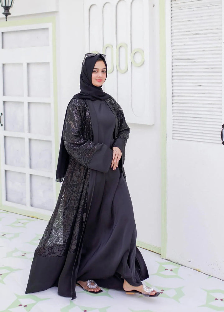 La Khilaba Pret Embroidered Net Abaya Black Sequin