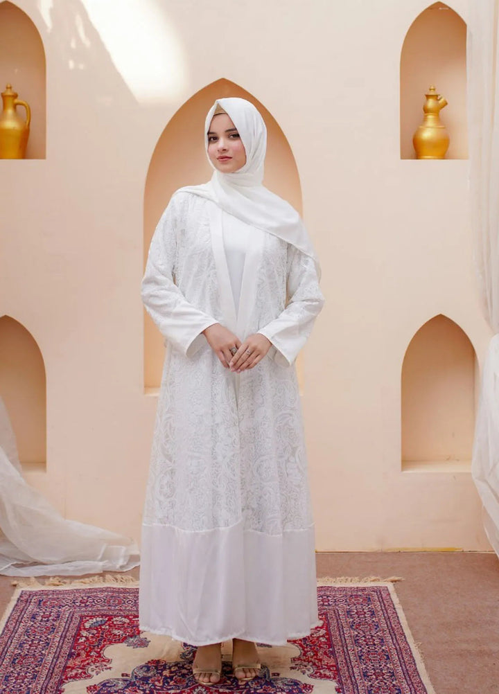La Khilaba Pret Embroidered Net Abaya White Sequin