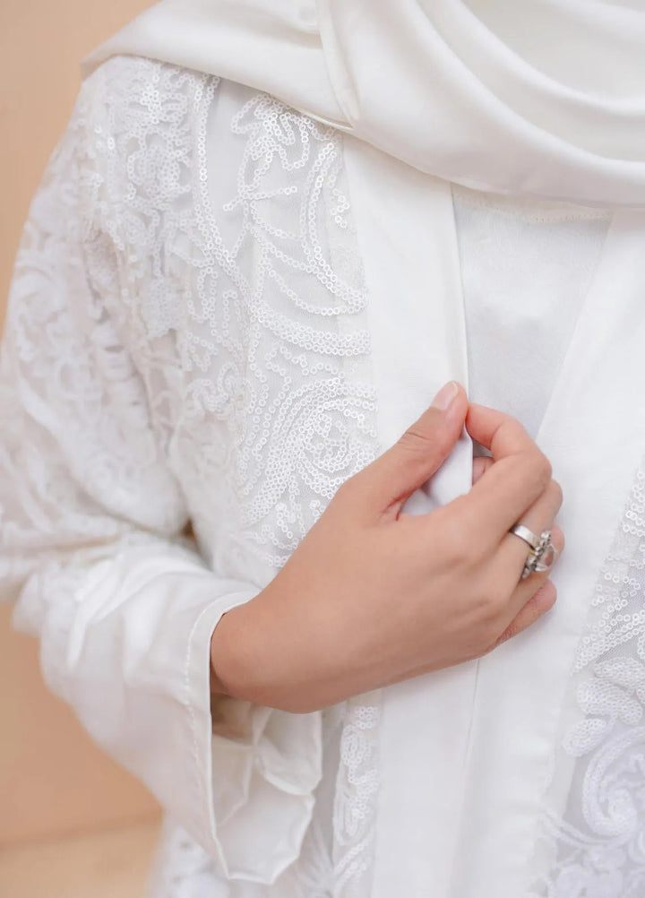 La Khilaba Pret Embroidered Net Abaya White Sequin