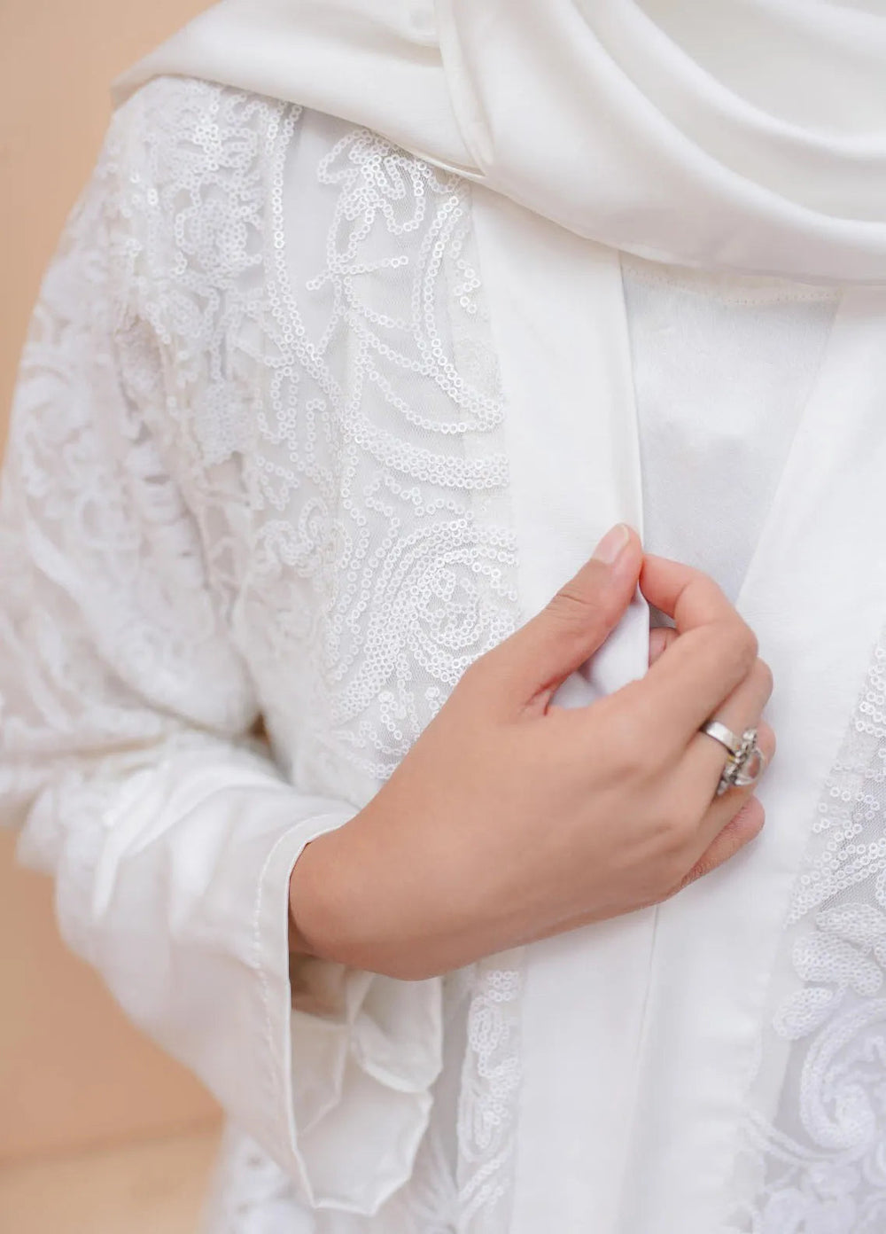 La Khilaba Pret Embroidered Net Abaya White Sequin